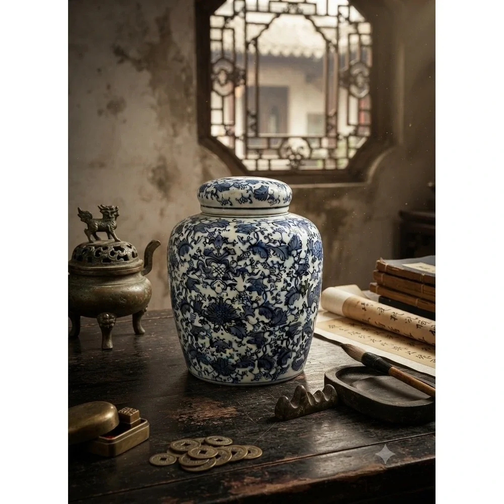 Blue and White Porcelain Ginger Jar Chinoiserie Floral Vine Lidded Vase 9 Inch
